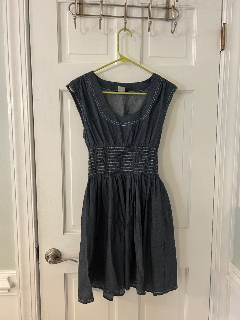 Dark Denim Chambray Dress Smocked Waist Fit & Flare Contrast Stitching